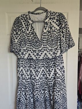 Sugarlips White and Navy Eyelet V-Neck Midi Dress XL